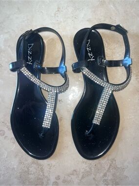 Dizzy Black Rhinestone T-Strap Jelly Sandals with Sparkle